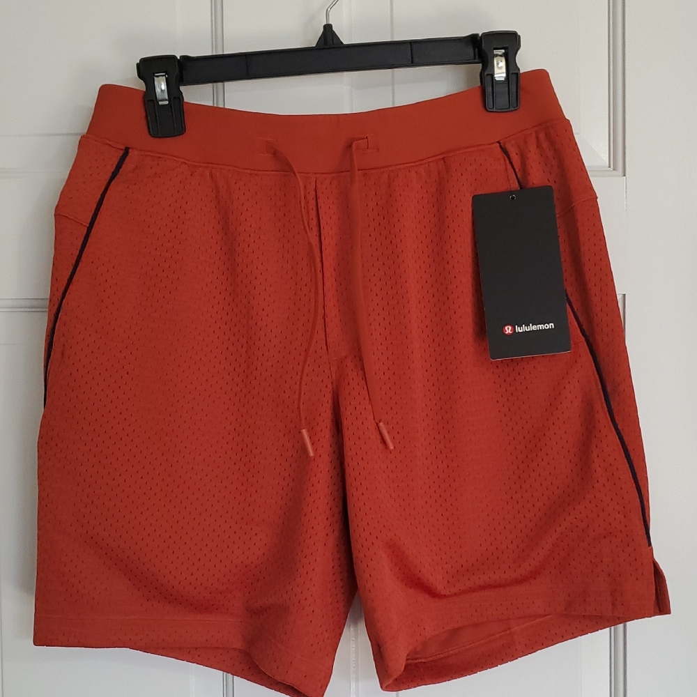 NWT Lululemon Double Layered 7in Mesh Men's Sz S Shorts Autumn Rust/Navy